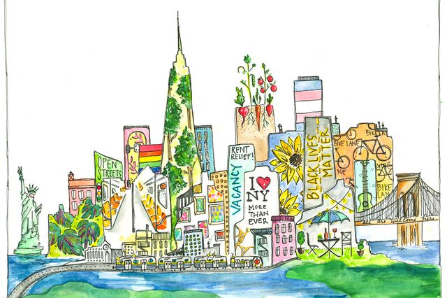 An illustration of a Utopian NYC, with the Statue of Liberty giving a peace sign, vegetable rooftops...